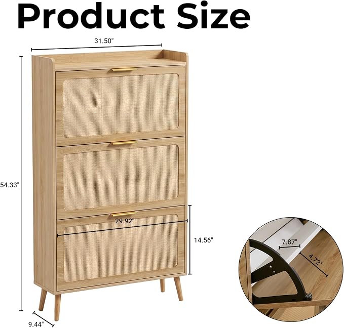 Shoe Cabinet, Rattan Shoe Storage Cabinet for Entryway with Flip Drawers | 3 Flip Drawers, Breathable Rattan, Odor Resistant, Hidden Shoe Organizer, Slim Space Saving, Narrow Cabinet, Entryway Storage