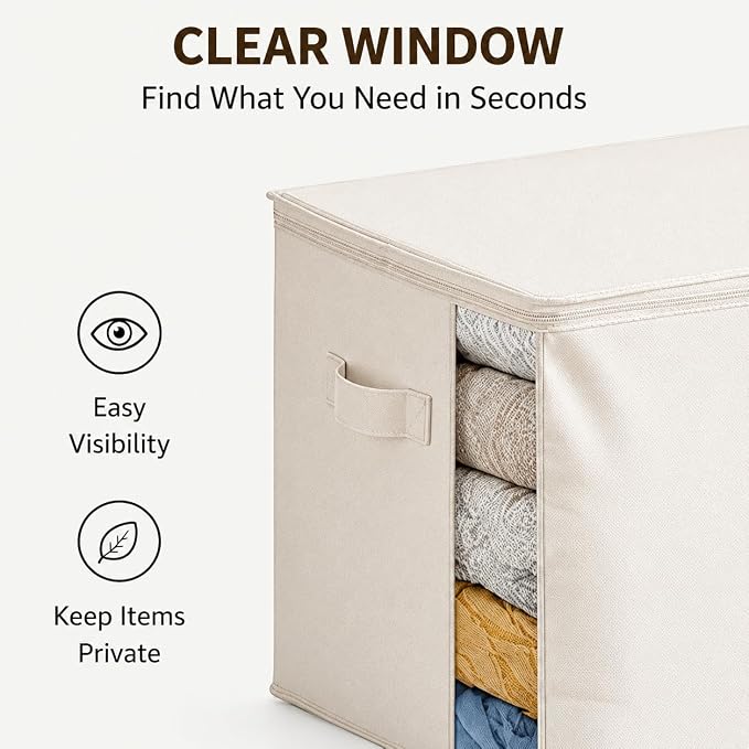 2Pack Canvas Storage Bags for Clothes & Comforters with Clear Window, Beige | 70L Large Capacity, Cotton Linen Fabric, Reinforced Handles, Foldable Design for King Comforters, Clothes and Blanket Storage