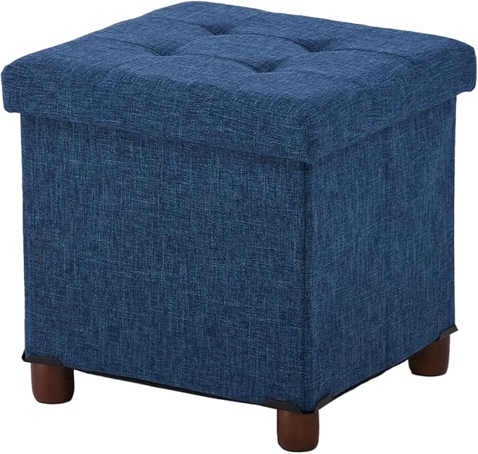 15 Inch Storage Ottoman with Wooden Legs - Cube Foot Rest Stool, Square Footstool, Comfortable Seat with Lid, Foldable Fabric Ottoman, Space-Saving Navy