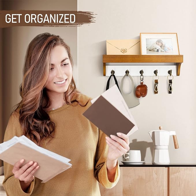 Rebee Vision Key Holder Wall Mount for Home Decor, Light Brown & White | 5 Key Hooks, Floating Shelf, Farmhouse Key Holder for Wall, Decorative Hanging Organizer, Home Storage Accent