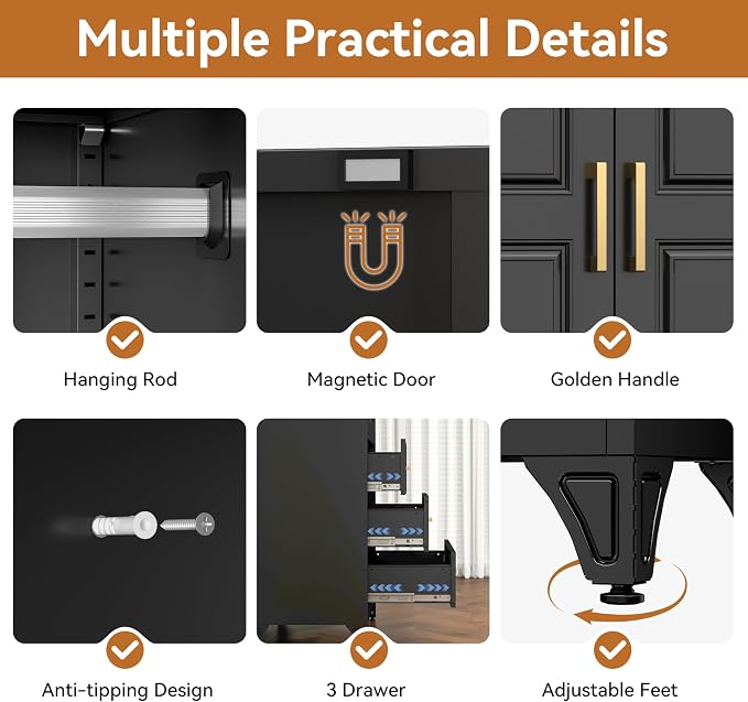 Polup 71" Black Metal Armoire Wardrobe Closet with Doors and 3 Drawers | Freestanding Heavy Duty Steel Clothing Storage Cabinet, Hanging Rod, 180lbs Adjustable Shelves, for Office, Bedroom & Garage