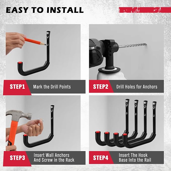 SEDY 6 Pack Heavy Duty Garage Hooks, Ladder Hooks for Garage Wall, Each Holds Up to 66 LB, 9.8 Inch EVA-Padded Steel Utility Hangers for Bikes, Folding Chairs, Garden Hoses and Tools