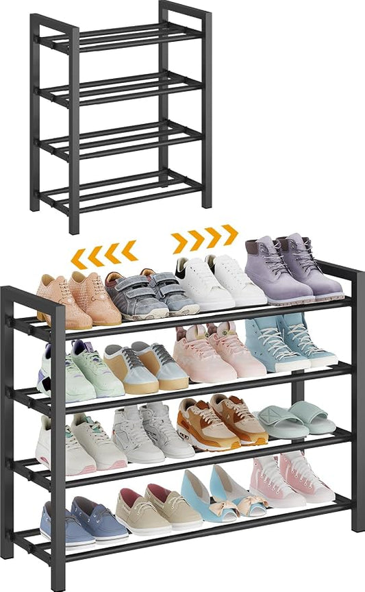 Detsuk 4-Tier Expandable Shoe Rack – Adjustable Metal Shoe Organizer for Closet, Entryway & Mudroom – Stackable, Heavy-Duty Storage, Black