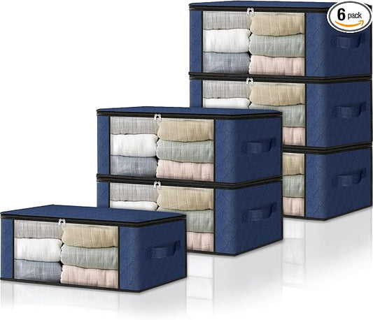 HomeHacks 6-Pack Clothes Organizer Storage Bags, 35L Storage Bins, Blue | Foldable Storage Box Container with Zippers, Clear Window, Reinforced Handles for Closet, Dorm, Pillows, Bedding, Sweater