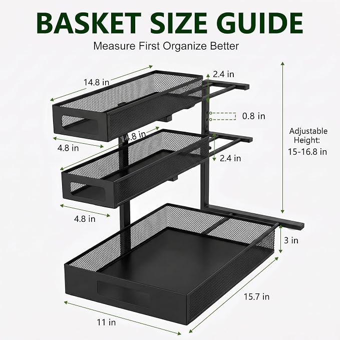 3 Tier Under Sink Organizer,2 Pack Pull Out Cabinet Shelves with Adjustable Height,Heavy Duty Carbon Steel L-Shaped Storage for Kitchen Bathroom Sink,Pantry & Laundry,Black