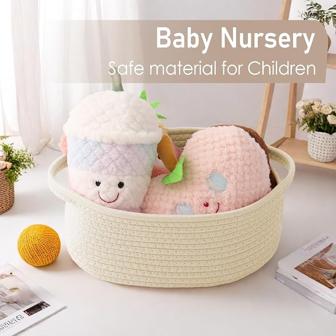 JMvicyroam Small Woven Basket, Empty Gift Basket, Beige/2 Pack | Small Gift Basket, Cotton Rope, 12 x 8 x 10 in, Handles, Includes Ribbon and Bag, Birthday Gift Basket