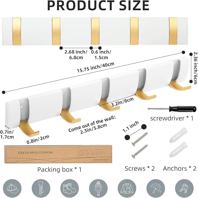 2 Pack Foldable Stylish Modern Hook Rack with 5 Hooks, Coat Hooks Wall Mount, Metal Coat Hook Rail for Coat Hat Towel Purse Robes Mudroom Bathroom Entryway (White and Gold)
