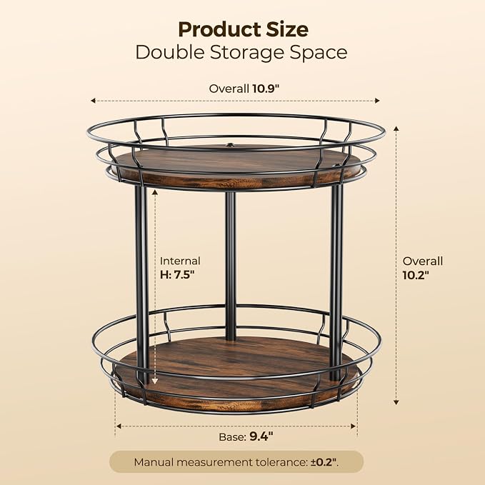 LAMU 10'' Lazy Susan Turntable Organizer, 2 Tier Round Rotating Spice Rack Organization for Kitchen Cabinet and Countertop, Wooden Lazy Susan for Table Top, Pantry, Bathroom, Vanity, Home Decor