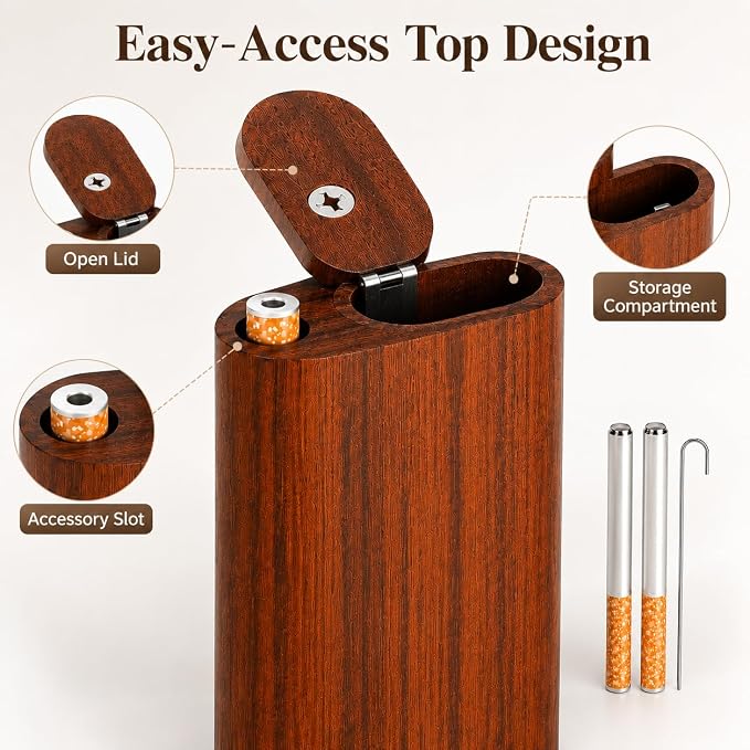 𝗢𝗻𝗲 𝗛𝗶𝘁𝘁𝗲𝗿 𝗣𝗶𝗽𝗲 Wood Storage Box Organizer Complete Set with 2 Metal Tubes and Cleaning Tool - Decorative Boxes for Crafts, Sewing, Keepsake,for Home Office Storage.