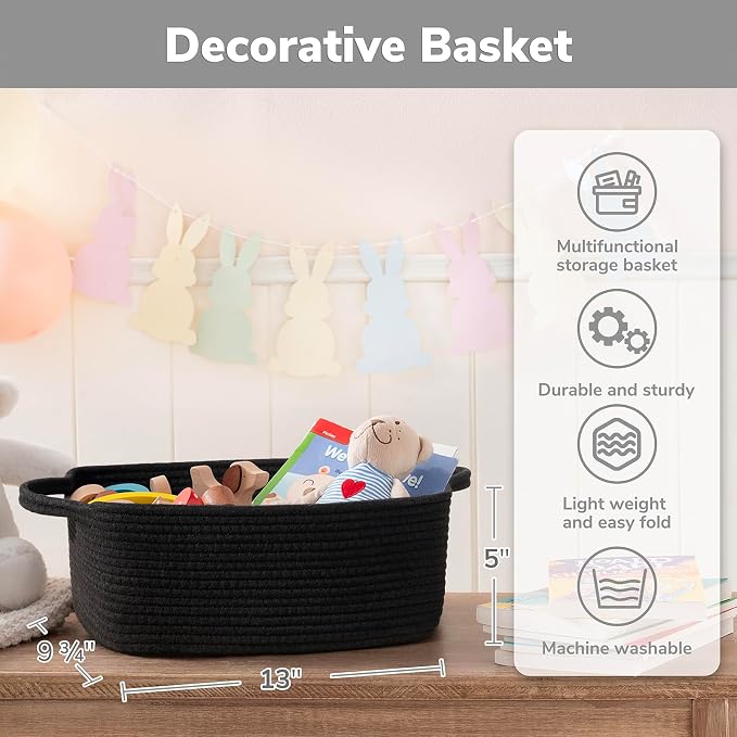 CHICVITA Small Cotton Rope Gift Basket for Shelves, Black | 13" x 10" x 5", Decorative Storage Basket for Bathroom & Nursery Organization, Baby Toys, Towels & Books Storage