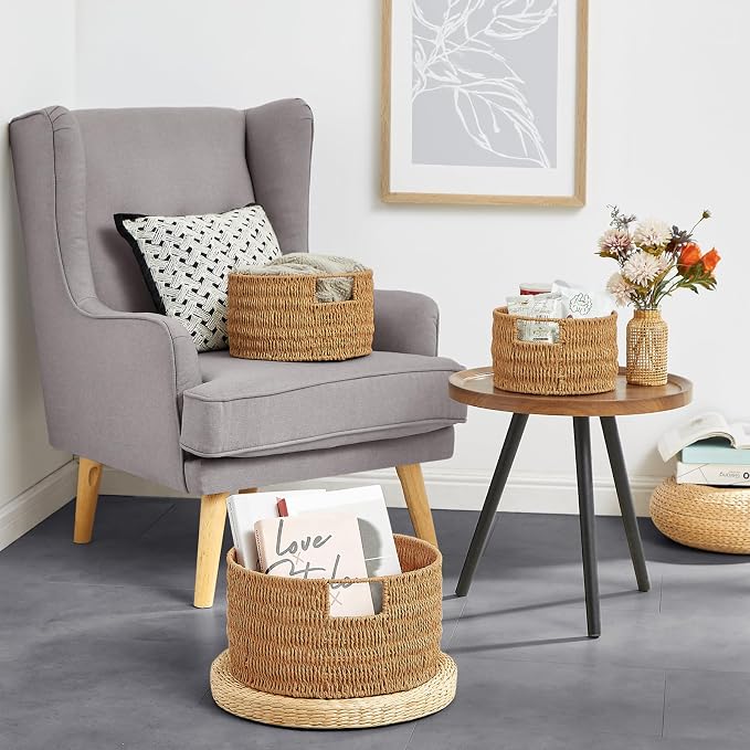Wicker Storage Basket, Hand-Woven Paper Rope Large Round Woven Basket With Handles, Wicker Baskets for Organizing/Storage, Natural, 3-Pack
