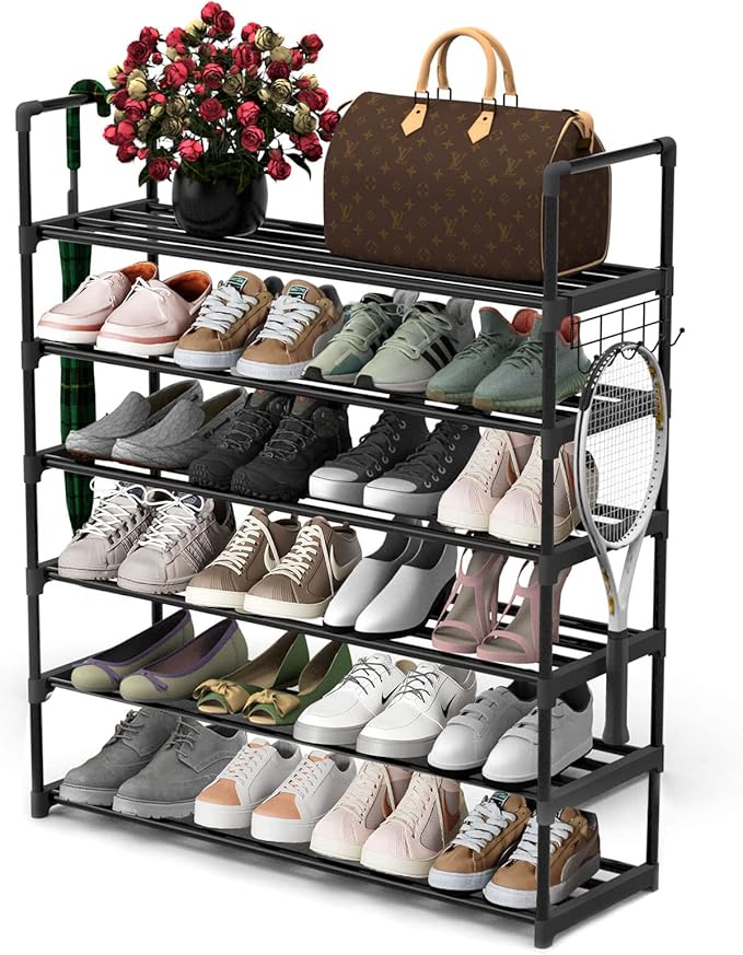 Hsscblet 6 Tiers Metal Shoe Rack,Adjustable Shoe Shelf Storage Organizer with Hooks,Stackable Boot & Shoe Storage,for Entryway,Hallway,Closet,Black