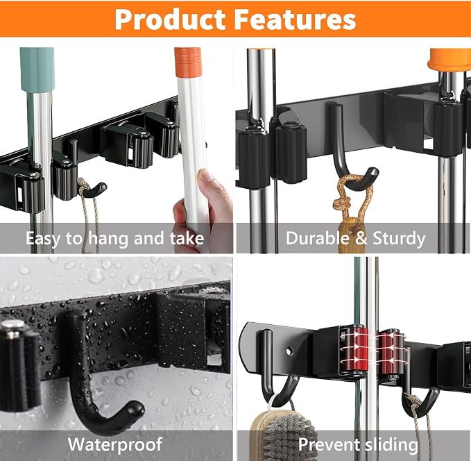 CUXIXA 2 Pack Mop and Broom Holder Wall Mount, Non-slip Broom Hanger Wall Mount, Heavy Duty Mop Broom Organizer for Kitchen Garden Garage Laundry Room Wall Decor Organization and Storage Black 5R4H