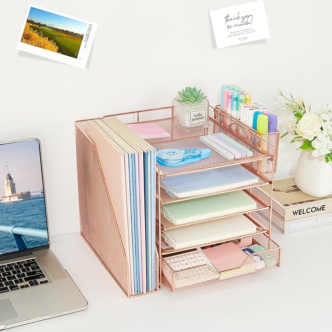 Desk Organizers and Accessories, 5-Tier Paper Letter Tray Organizer with File Holder, Drawer & Pen Holder, Office Desk Accessories, Desktop Organizer for Classroom Office Supplies, Rose Gold