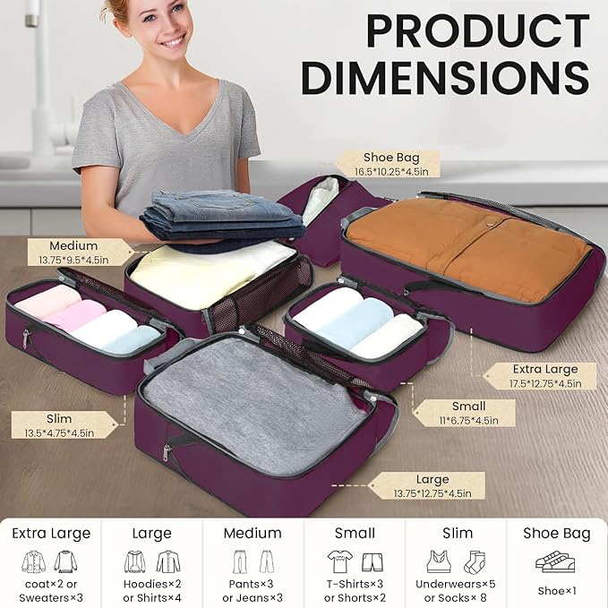 BAGAIL 4 Set/6 Set/8 Set Compression Packing Cubes Travel Accessories Expandable Packing Organizers (Half Mesh, 6-Burgundy)