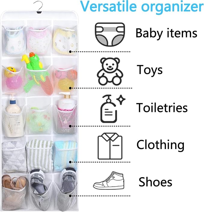 MISSLO 30 Large Pockets Dual Sided Hanging Baby Shoe Organizer for Closet with Rotating Hanger Hanging Shoe Shelves, White