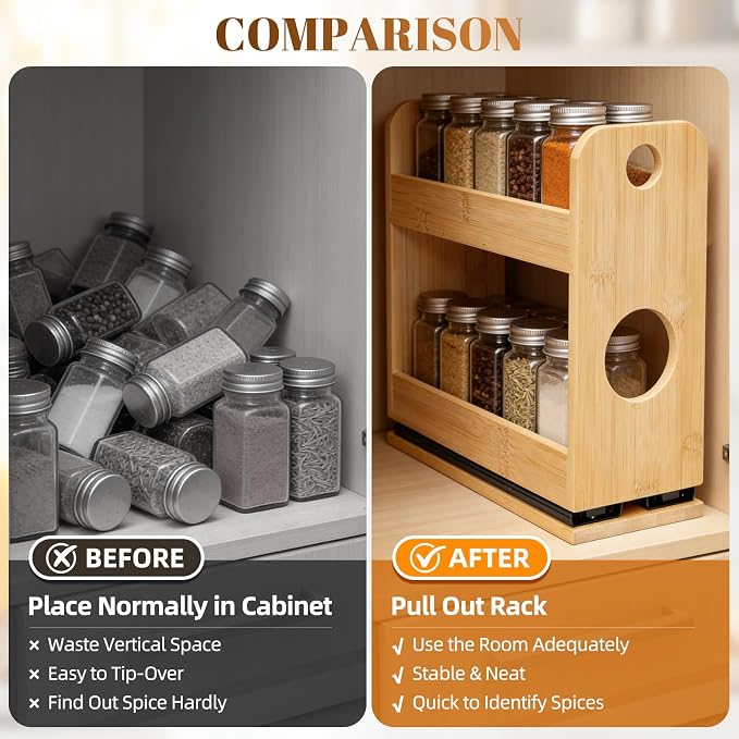 Tfro & Cile 2-Tier Pull Out Spice Rack Organizer for Cabinet Kitchen Pantry | Save Vertical Space, Bamboo Material with Aesthetic Design, Easy to Slide Out and Quick to Assemble