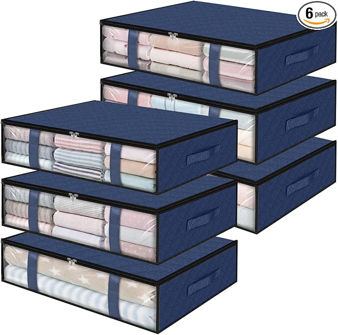 StorageRight Under Bed Storage Bags, 6 Pack, 40L, Blue | Breathable Non-Woven Fabric with a Clear Window and Zippered Top for Clothes, Comforters, Blankets and Seasonal Storage