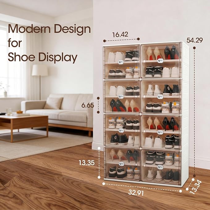 32 Pairs Shoes Storage Cabinet of 3-Step Fast Installation,Plastic Shoe Rack with Clear Magnetic Door for Display, Shoe Organizer for Sneaker, Sandals, Heels (2 Row, 8 Tier)