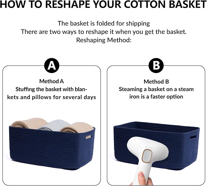MiniArk Large Storage Baskets for Shelves, 17 x 13 x 7.5” Closet Organizers Bins for Clothes Blanket Towels, Baby Nursery, Toy Baskets Box, Woven Rope Baskets, 2 Packs Navy Blue