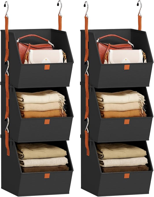 Homsorout Collapsible Hanging Closet Organizer - 6 Tier Closet Shelves Storage System with Hooks, Fabric Hanging Storage Bins for Clothes, Foldable Storage Basket for Laundry, Bedroom, Rv, Black