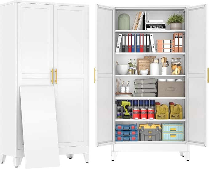 79" White Tall Metal Storage Cabinet with 2 Doors and 5 Adjustable Shelves,Steel Garage Tool Cabinet, File Cabinet,Kitchen Pantry Cabinet for Home,Office,Garage,School,Warehouse