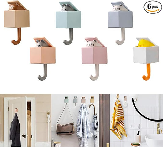6Pcs Cute Self Adhesive Wall hooks for Coat,Towel,Key,Scarf, Hat