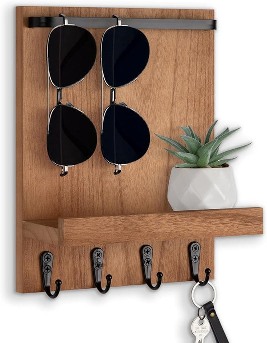 Key Holder Wall Mount, Key Holder for Wall with 4 Hooks, Farmhouse Key Hanger Holds Dog Leash, Sunglasses – Decorative Mail Organizer Home Decor (Wood)