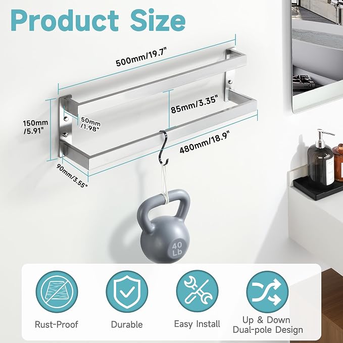 Alise Double Towel Bar, 20" Double Towel Racks for Bathroom, Brushed Nickel | SUS304 Stainless Steel Bathroom Towel Rack Wall Mounted, 3.54" Wide Towel Holder Quick Drying, Ladder Design