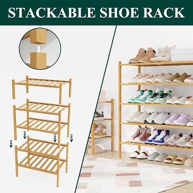 Smiry Bamboo Shoe Rack, 12 Vertical Slats, 5 Tier - 33.7" Wide, Natural | Stackable Free Standing Wooden Shoe Organizer, Wood Shoe Storage Shelf for Closet, Entryway