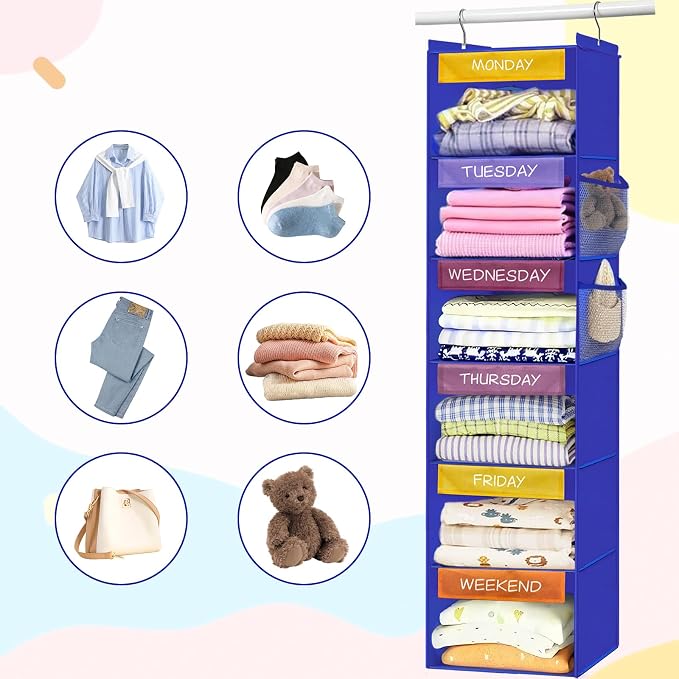 Weekly Clothes Organizer for Kids, 6-Shelf Hanging Closet Organizer with Colorful Labels, Space Saving Design with 2 Pockets, Daily Hanging Closet Shelves for Kids Room Storage, Blue