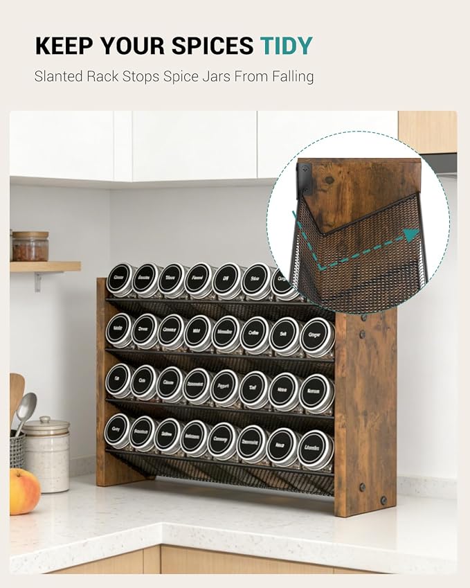 NESAPTO Spice Rack Organizer for Cabinet, Wood 4-Tier Vertical Seasoning Organizer, Wall Mount or Countertop Spice Shelf, Holds 32 Jars (No Jars Included), 15.7" W x 10.3" H