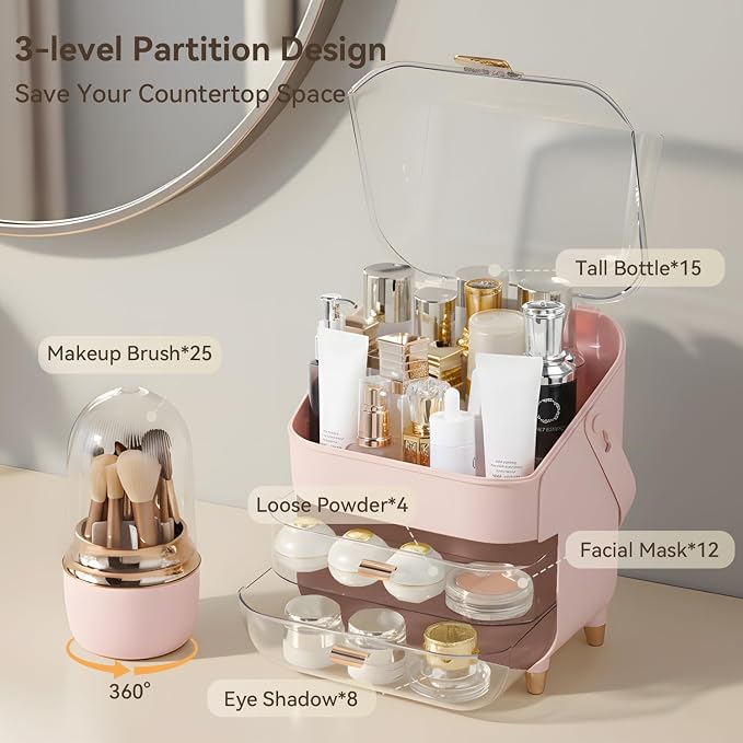Makeup Organizer for Vanity with Brush Holder, Lid and 2 Drawers, Pink | Large Capacity Bathroom Counter Organizer for Skincare, Cosmetic Storage, Dustproof, Waterproof, Teen Girl Gifts
