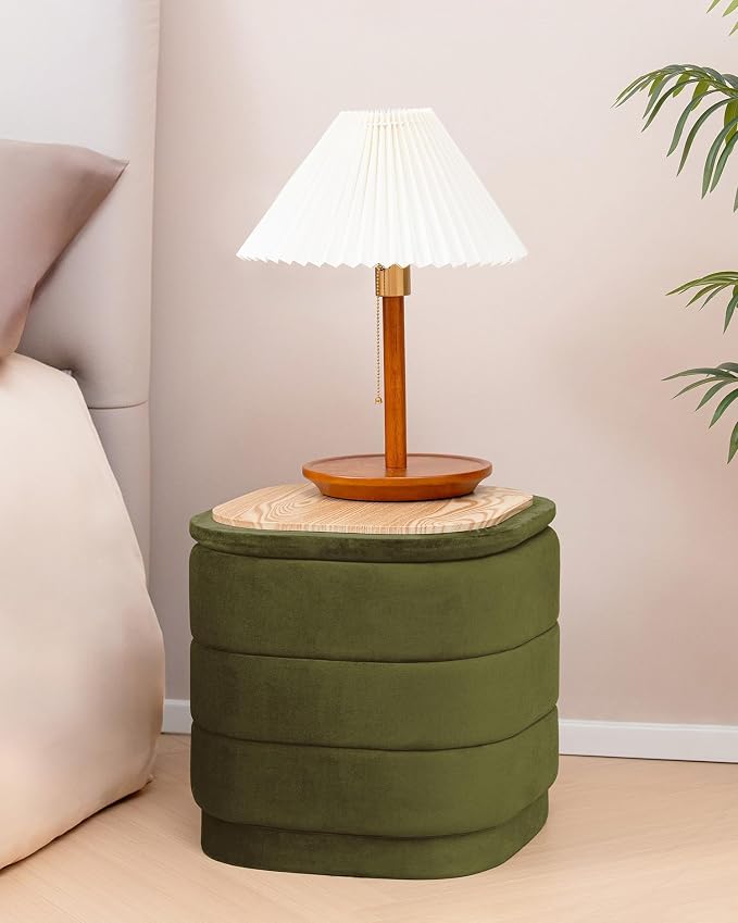 B FSOBEIIALEO Velvet Storage Ottoman with Tray, Square Folding Ottoman with Storage Coffee Table Foot Rest for Dorm Room, Living Room Olive, 15"x15"x15"