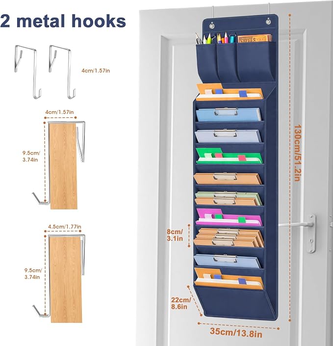 Over Door Hanging File Organizer, 10 Extra Large Pockets (Blue) | Wall file organizer, 10 extra large pockets, heavy-duty fabric. Hanging folders for mail, magazines.13.78"W × 51.18"H