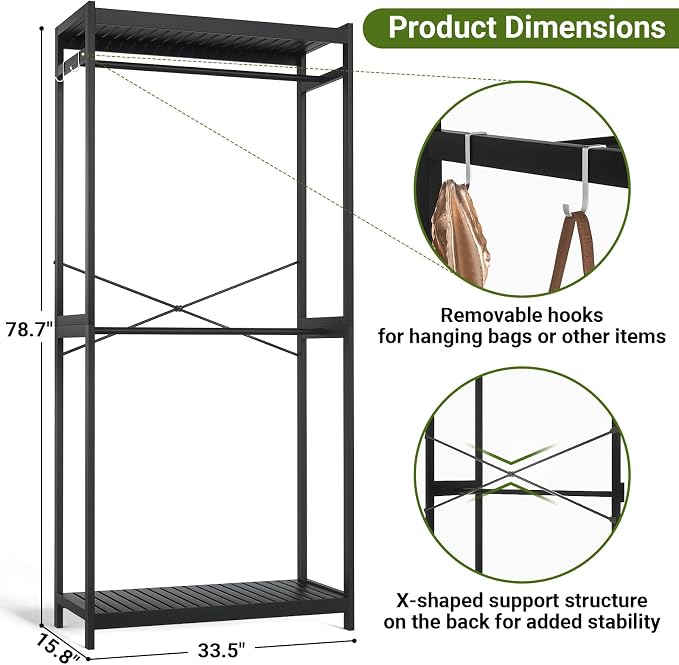 Bamboo Clothes Rack with Shelves and Double Hang Rods, Portable Closet System Garment Rack for Hanging Clothes, Tall Clothing Rack Corner Closet Organizer, Easy to Built, Freestanding, Black