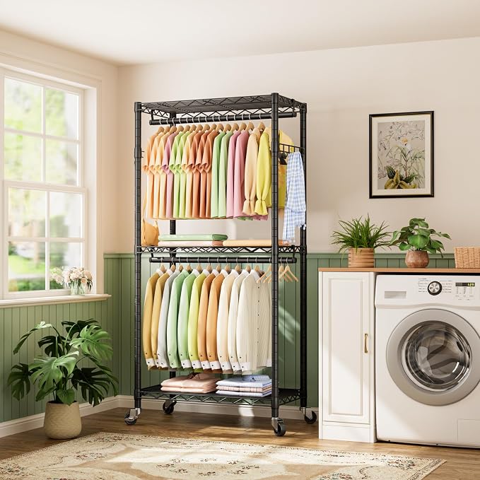 Golpart Heavy Duty Rolling Clothes Rack Wheels Portable Metal Garment Rack | Wardrobe Adjustable Wire Shelving Metal Double Clothing Racks for Hanging Clothes Organizer Closet Laundry Room Organization