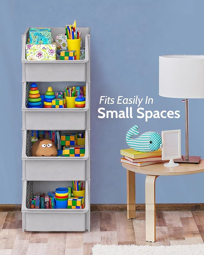 Stackable Storage Bins Open Front for Pantry Storage, 4 Pack - Light Grey | Sturdy Plastic, Easy Stacking, Open Front Access, Ventilated Sides, Vertical & Space Saving Pantry Organizers and Storage Bin