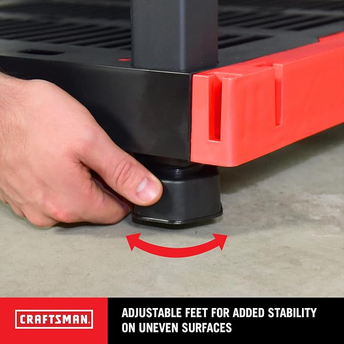 CX Craftsman 4-Tier Heavy Duty Plastic Storage Shelves, Garage Organization | 4-tier storage rack organizes garages, workshops & basements, 200 lb/shelf, 55H x 40W x 24D, easy assembly, black/red