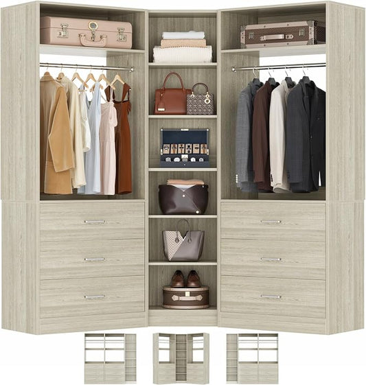 Besiost Closet System with 6 Drawers & 10 Shelves, Corner Closet Organizer System, Reversible Walk-in Closets, (L-Shaped 31.5" L * 31.5" W / I-Shaped 62.9" L * 15" W), Load 1500+LBS, White Oak