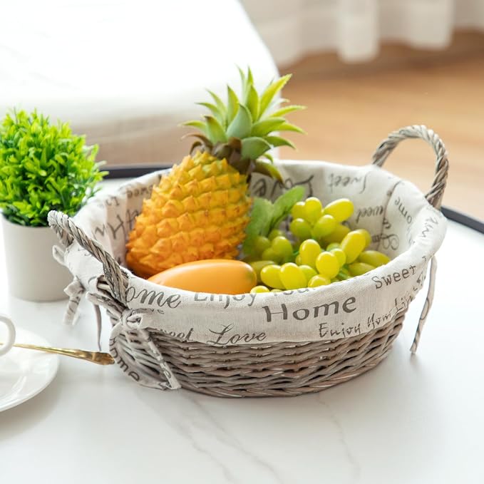Round Wicker Storage Basket, Natural Handwoven Willow Rattan Basket with Cloth Liner & Sturdy Handles, Farmhouse Decor Bread Fruit Organizer for Kitchen Counter, Pantry