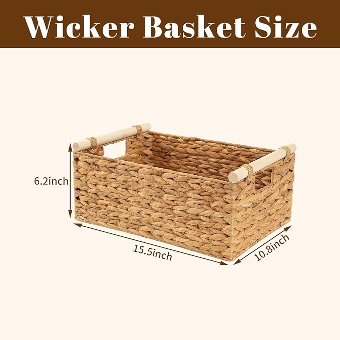 Wicker Storage Basket, Woven Shelf Organizer, 15.5x10.8x6.2 | 15.5x10.8x6.2" natural wicker basket with handles; rectangular shelf organizer for kitchen, bathroom and living spaces.