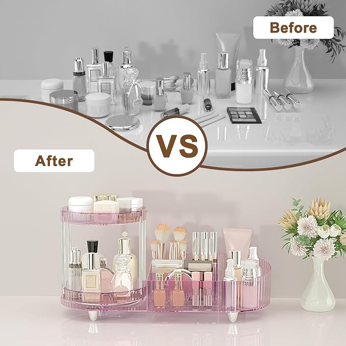 360 Rotating Vanity Makeup Organizer, 2 Small Trays & 5 Compartments for Cosmetics, Skincare, Perfume, Lipstick & Make up Brushes Holder, Dresser Countertop Organizers and Storage for Bathroom, Desk