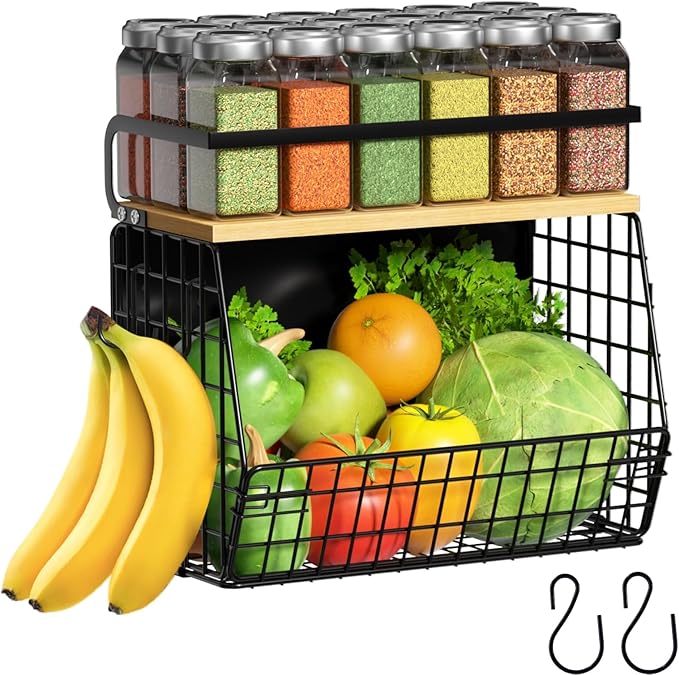 Magnetic Shelf for Fridge with Wood Lid, Fruit Potato and Onion Storage Bins, Pantry Organizers & Storage, Large Container Magnetic Spice Rack for Refrigerator, Kitchen Counter (Black, 1)