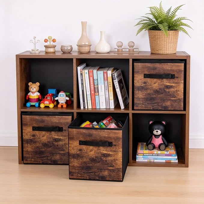 11 Inch Fabric Storage Cubes, 8 Pack Foldable Storage Bins with Handle, Fabric Cube Box for Shelves, Closet, Bedroom, Living Room, Organizer, Rustic Brown and Ink Black