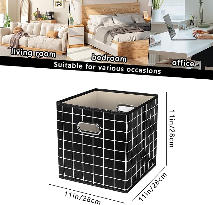 Yunkeeeper storage bins Cubes, Fabric Cube Organizer with Handle, Foldable Cube Bins for Cloth or Accessary Storage, 11x11x11, Set of 3,(Black grid)