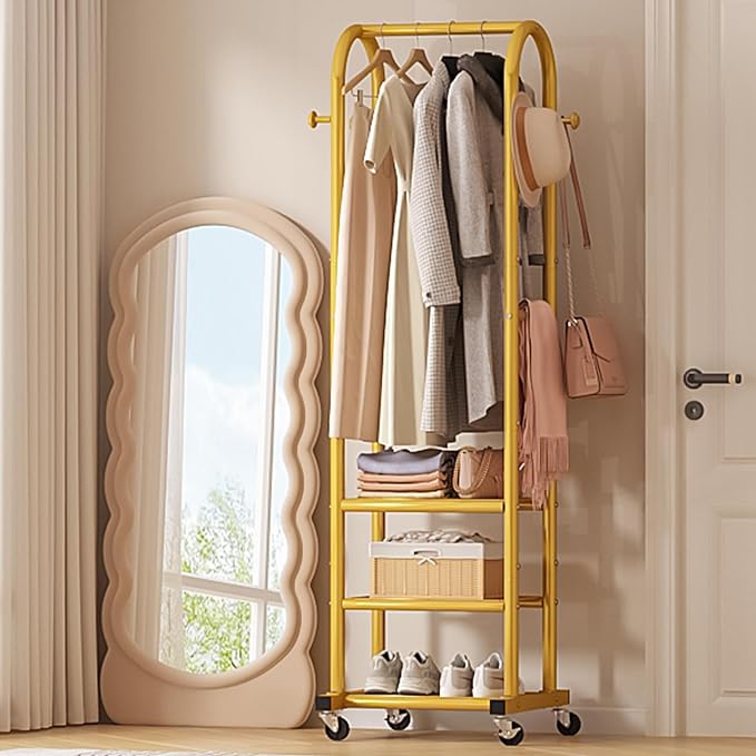 Dttwacoyh Clothing Rack with Wheels,Narrow Metal Garment Rack,Gold | Easy to install, 71.8 Inches Display Rack with 4 Side Hooks & 3 Shelves,for Small Flats, Bedroom, Entryway,Gold Clothes Rack