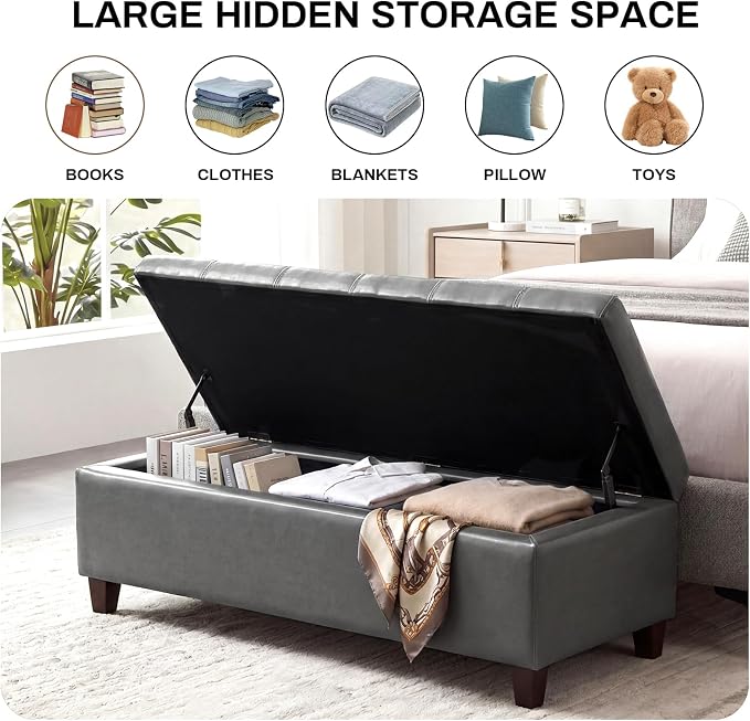 Ottoman with Storage 51 Inch End of Bed Storage Ottoman Bench | Faux Leather Upholstered Ottomans with Hinged Lid, Rectangle Long Foot Rest Bench for Entryway Living Room Bedroom Gray
