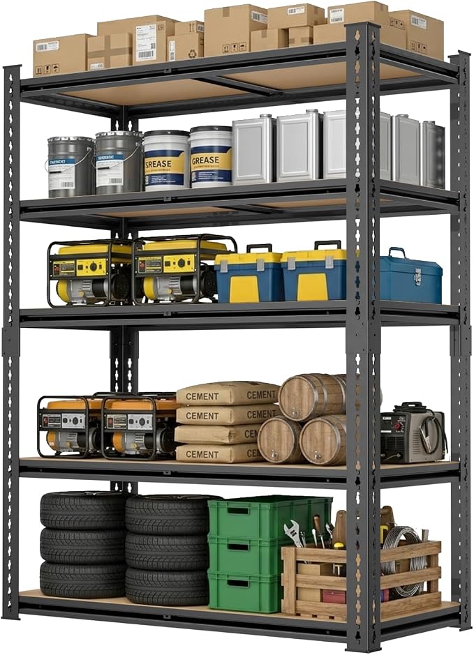 5 Tier Garage Shelving, Adjustable Heavy Duty Garage Shelves | 72 "H Metal Storage Shelves Unit for Basement,Warehouse,Pantry Kitchen