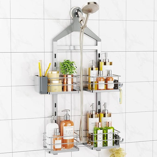 ODesign 2 Tier Shower Caddy for Handheld Shower Heads Anti-Swing Silver | No drilling required,comes with removable hook and storage box,suitable for handheld and wall-mounted showerheads